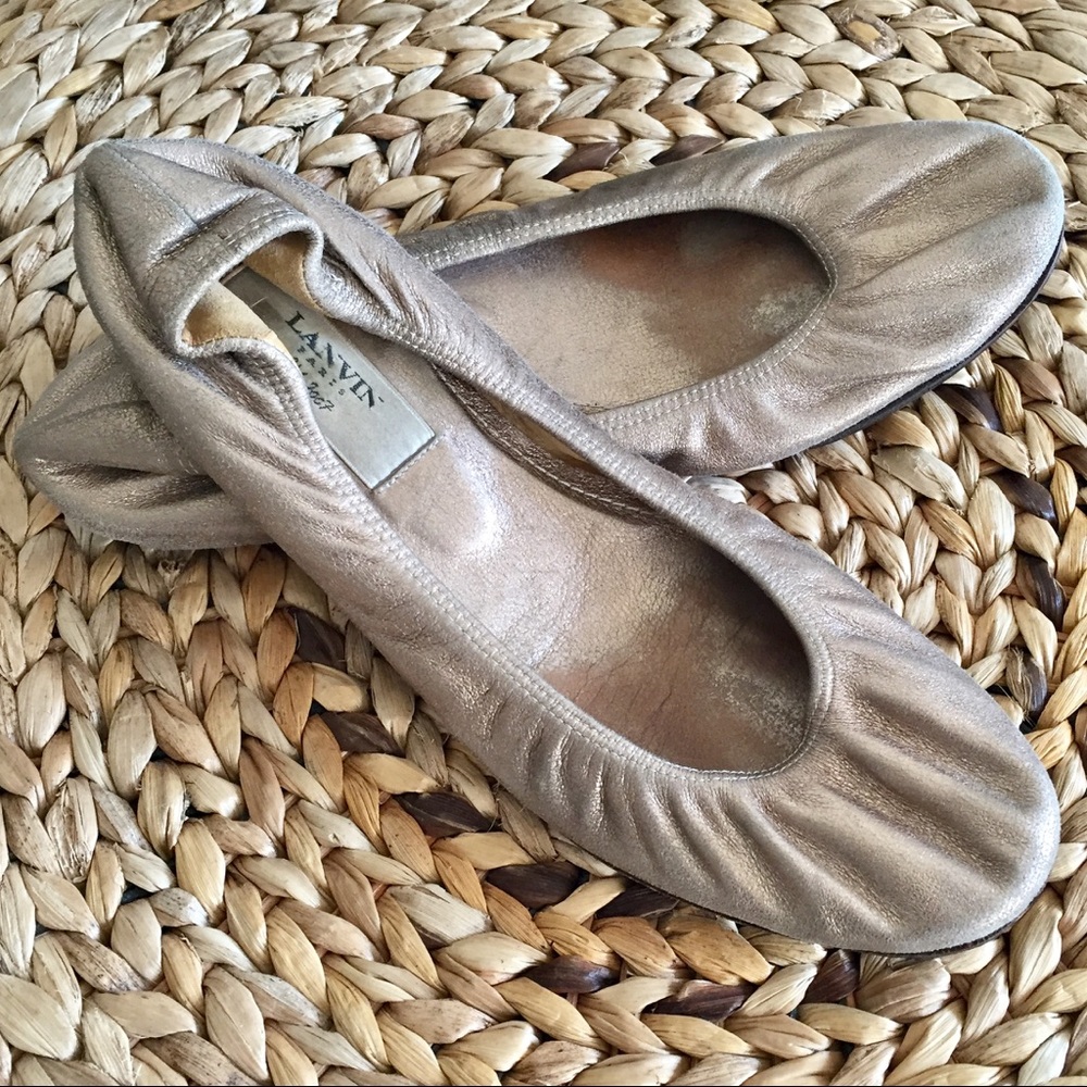 Lanvin Taupe Gold Metallic Textured Leather Flats